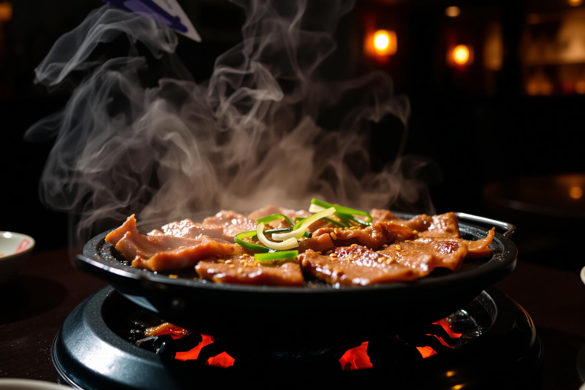 Sizzling Korean bulgogi on a charcoal grill